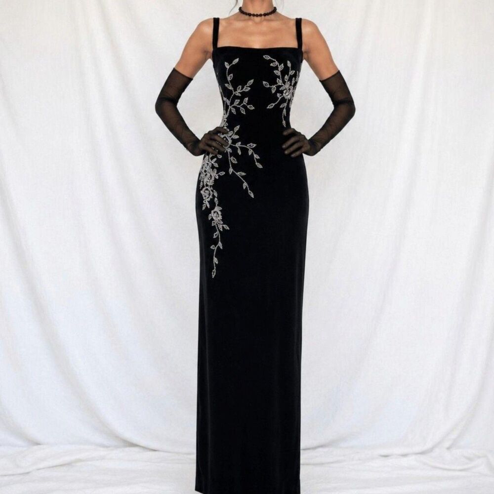 Vintage Black Floral Beaded Knit Velvet Bodycon Maxi Cocktail Prom Dress Size L